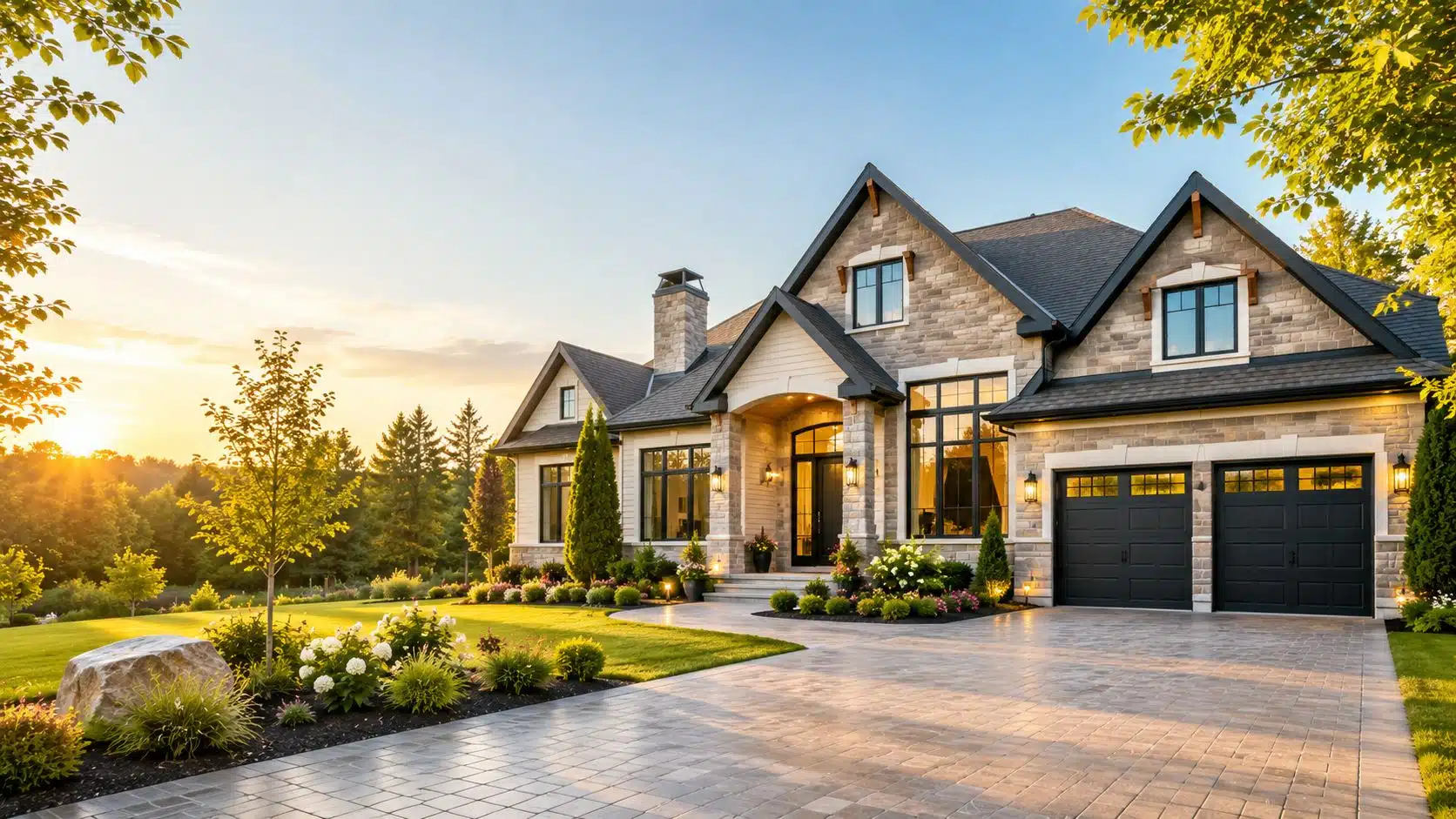Warmly lit detached home exterior, shown as representative imagery